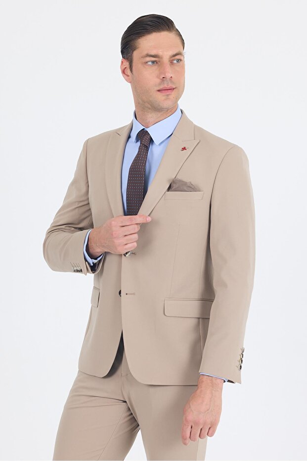 Men's Dark Beige Swallow Collar 6 Drop Slim Fit Elastic Waist Suit 1001250176