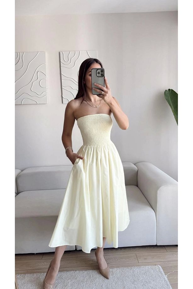 Straplez Poplin Cepli Elbise - SARI - 2
