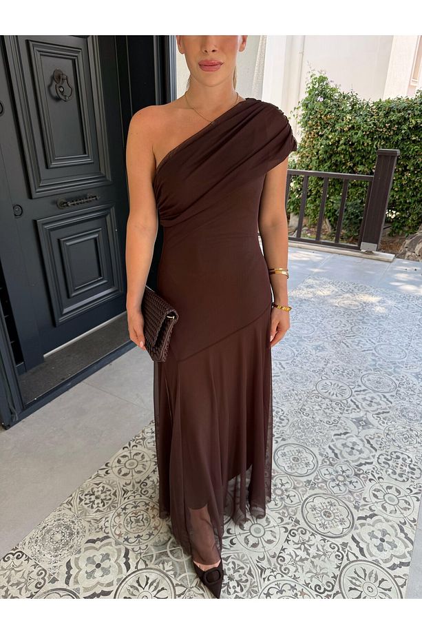 Tek Omuz Maxi Boy Tül Elbise - 5