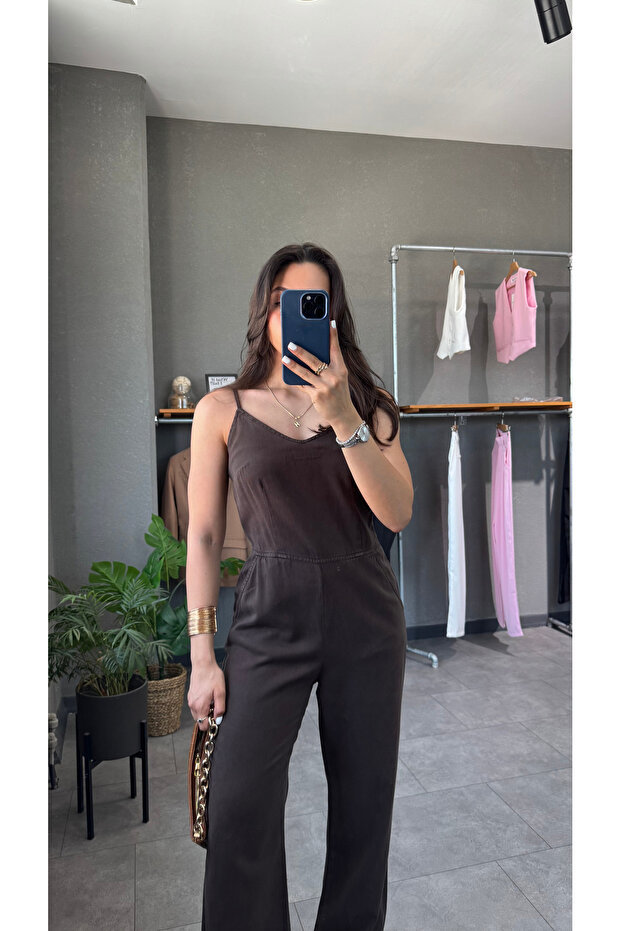 İnce Askılı Denim Tulum - 5