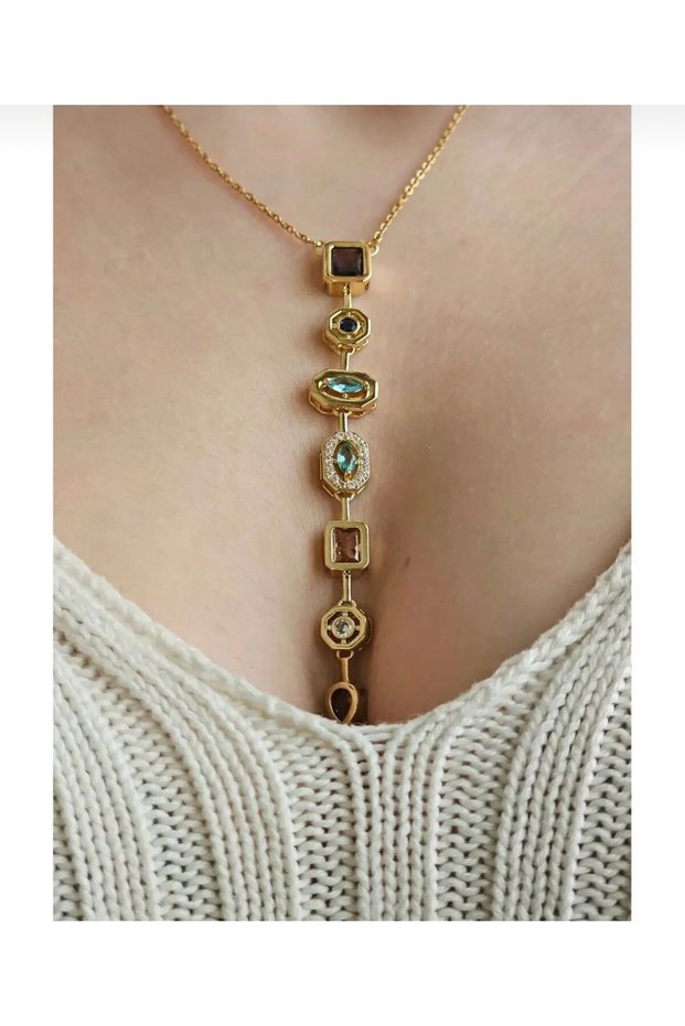 Y Necklace Colorful Stone Steel Necklace Trend Women's Necklace