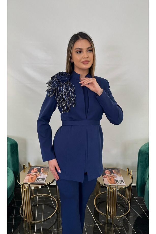 3239 YAPRAK DESEN ÜZERİ TAŞ İŞLEMELİ TASARIM TAKIM - 1