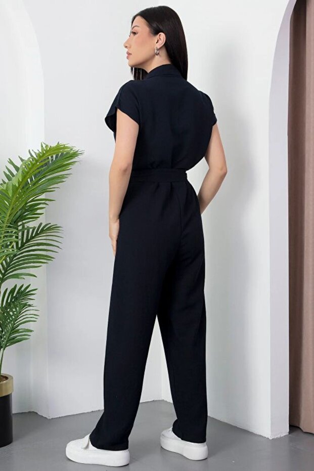 Düğmeli Keten Tulum - 4