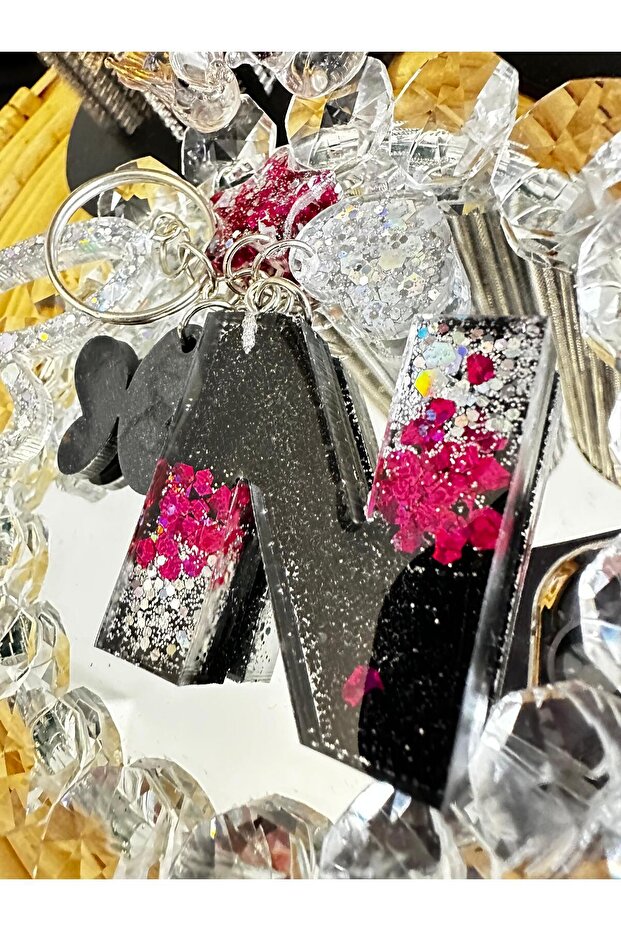 Letter N Black Glitter Top Fuchsiasilver Glitter Extra Figured Epoxy Letter Keychain Gift Keychain