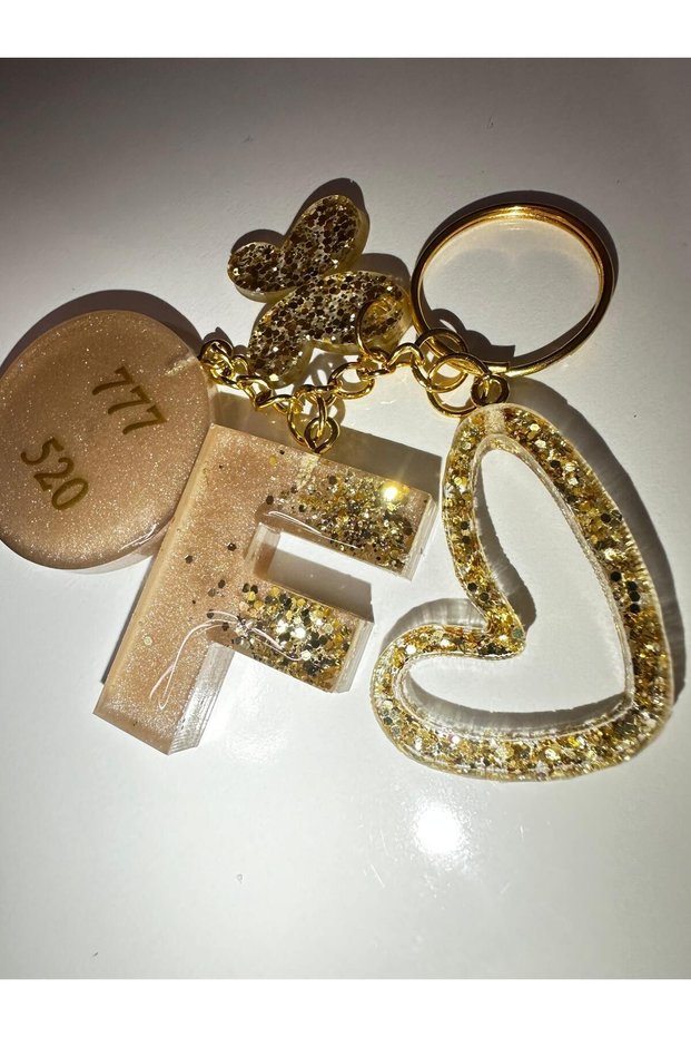 Letter F Coffee Gold Sequin Detailed Extra Figured 777-520 Lucky Number Epoxy Letter Keychain