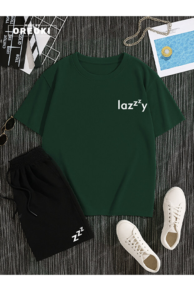 Lazzzy Printed Cotton Unisex Green Forest T-Shirt-Black Shorts Set