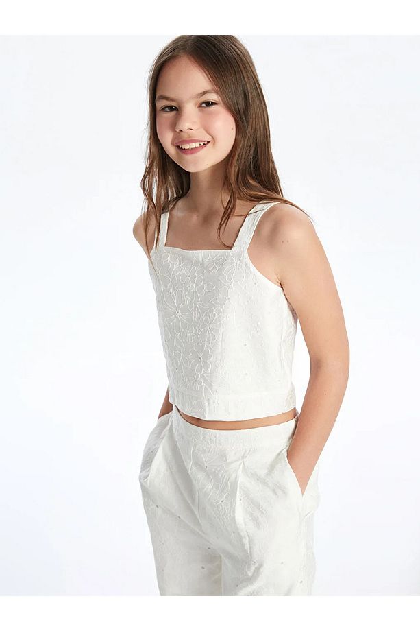 LCW Kids Ekru Kare Yaka Çiçekli Kız Çocuk Crop Bluz - 4