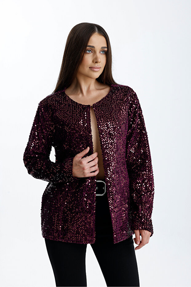 Lined Seasonal Velvet Sequin Embroidered Evening Dress Jacket | Ckt34356 Claret Red