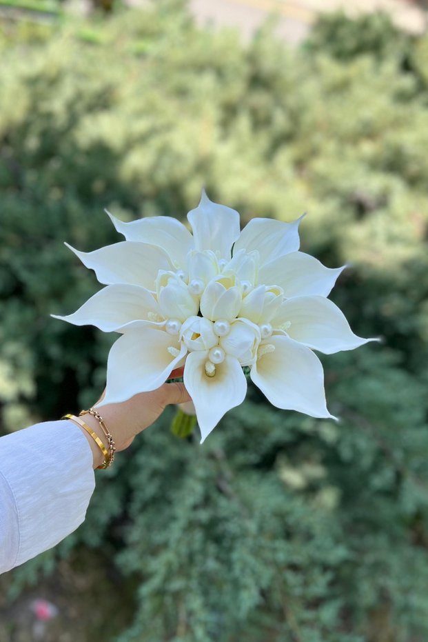 White Pearl –White Gala-Tulip Arrangement with Pearl Detail Bridal Bouquet & Artificial Flower Bouquet for Promise-Engagement