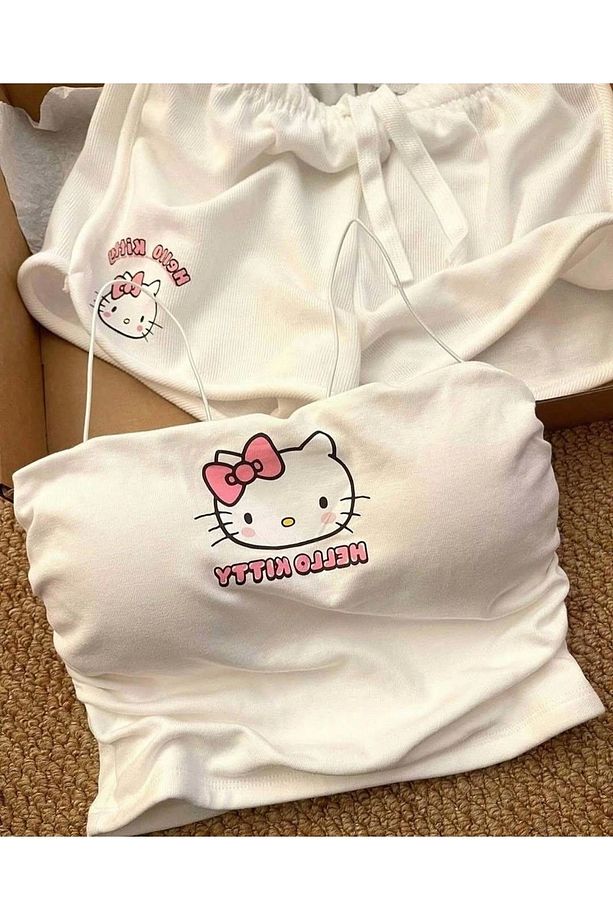 Beyaz Hello Kitty Crop Şort Alt Üst Takım - 3