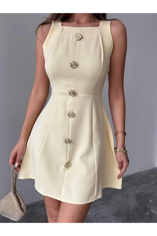 Düğmeli Atlas Mini Renata Elbise - 3