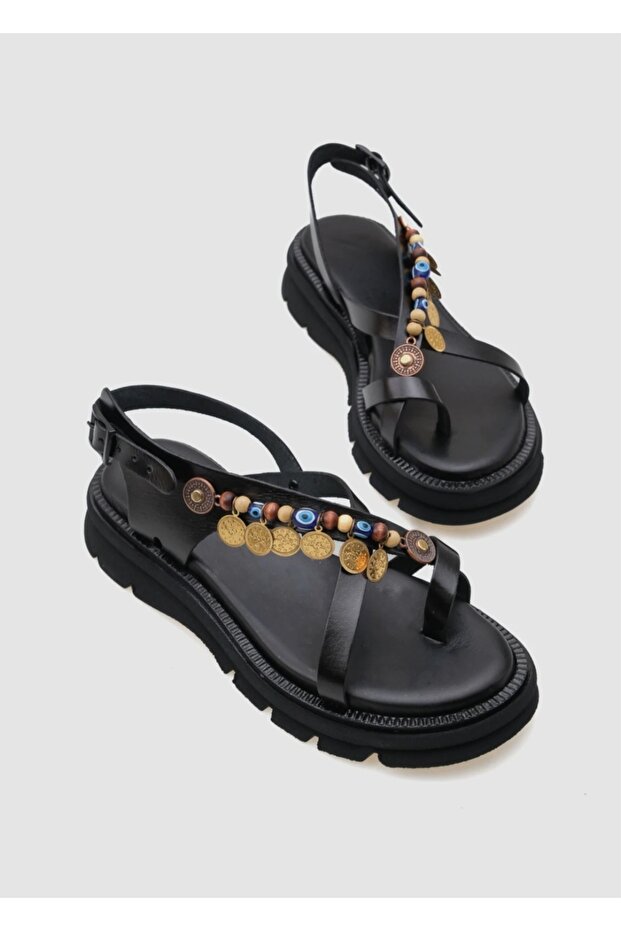 Women's Genuine Leather Orthopedic Soft Sole Thumb Flip Flop Basement Sandals with Beads and Sequins Accessories
