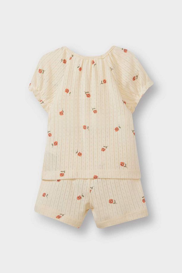 Kız Bebek Pijama Takımı Çiçekli Kısa Kollu Ribana Üst Beli Lastikli Şort E1552A525HS - 4