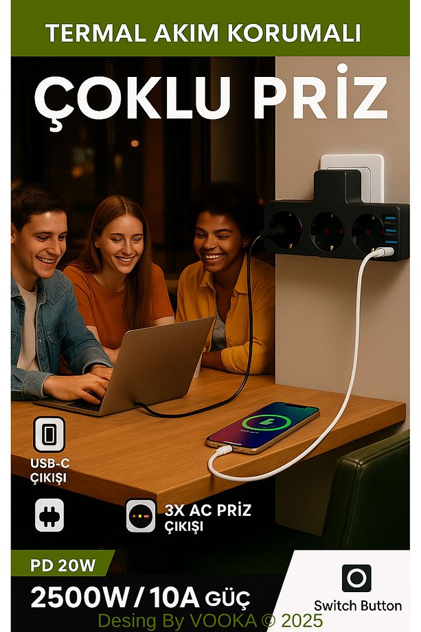 Akıllı Priz Termal Korumalı 3 Prizli Çoklu Akım Prizi | 3 USB-A + 1 USB-C 2500W 10A PD 20W - 4