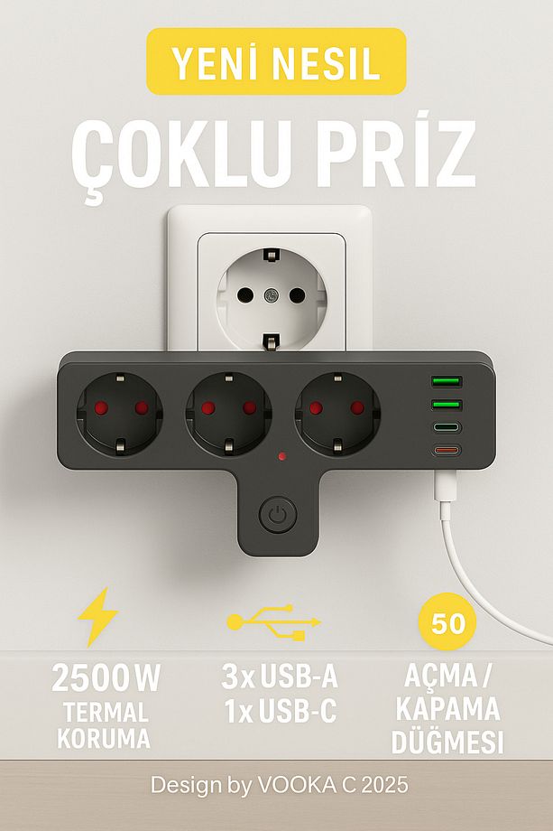 Akıllı Priz Termal Korumalı 3 Prizli Çoklu Akım Prizi | 3 USB-A + 1 USB-C 2500W 10A PD 20W - 8