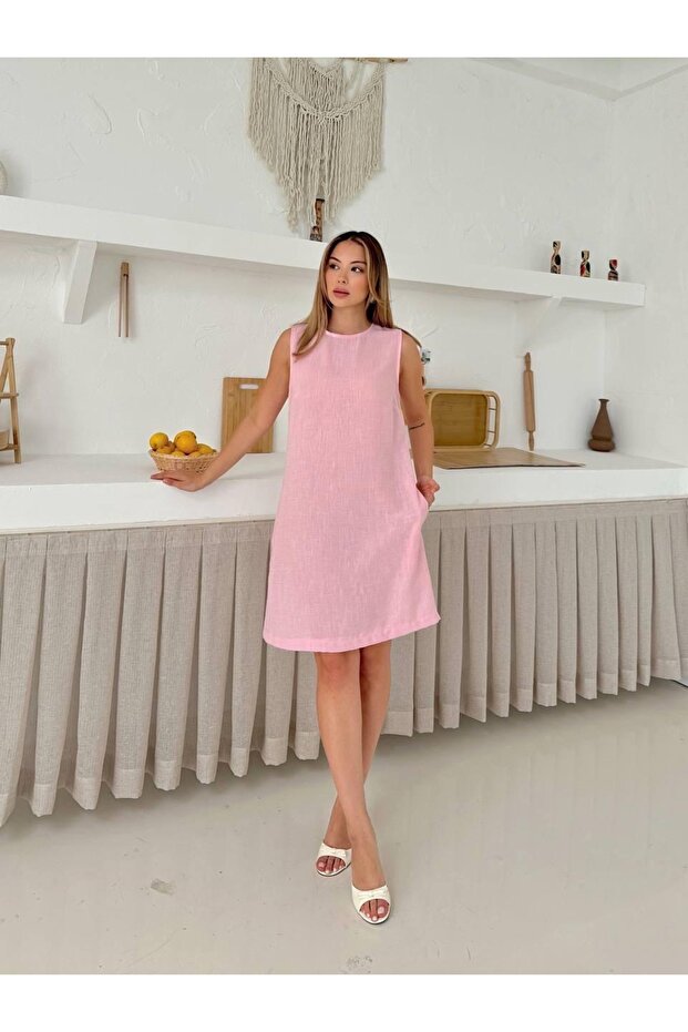 Λινό Basic Απλό Κοντό Φόρεμα - 3