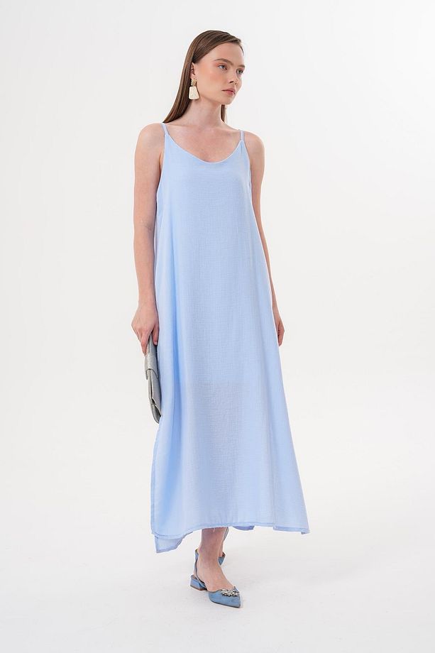 Askı Ayarlı Oversize Müslin Elbise MAVİ - 2