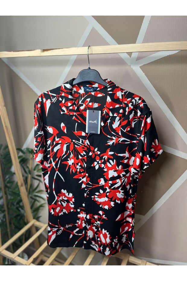 Black - Red Color Patterned Viscose Men's Shirt