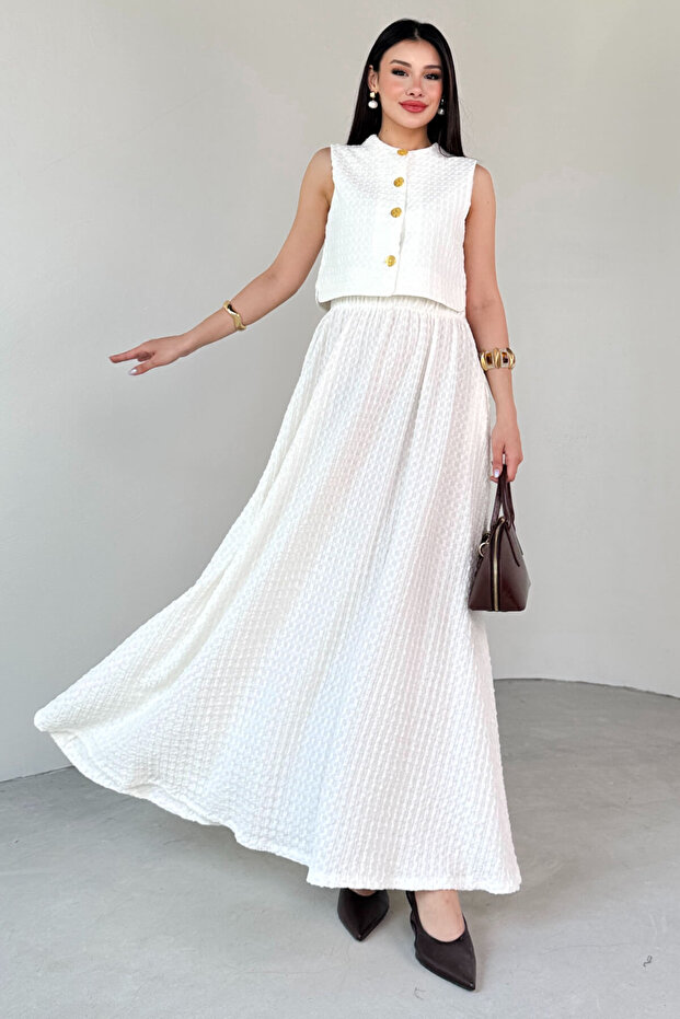Women's White Gold Buttoned Wrap Lined Vest & High Waist Flared Skirt Two-Piece Set - 4006