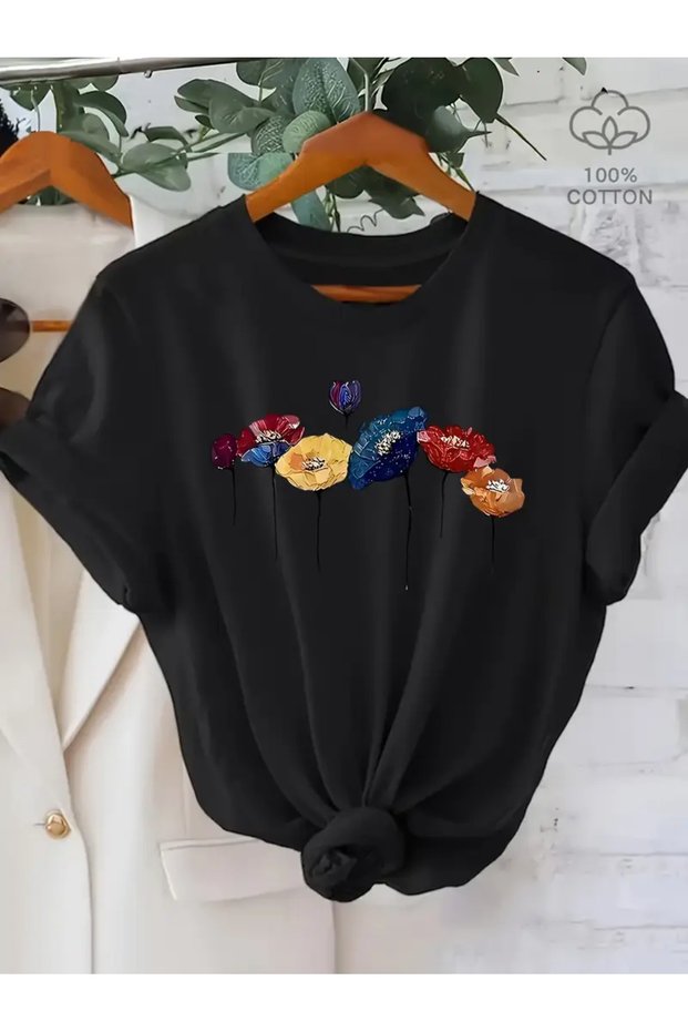 Flowers Printed Circle Neck Cotton Short Sleeve Women's and Children's Tshirt