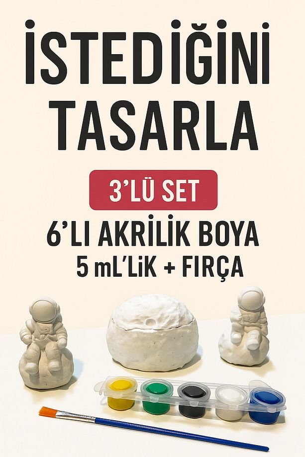Objehouse 3’lü Astronot Temalı Boyanabilir Alçı Seti – 6’lı 5 ml Akrilik Boya + Fırça - 1