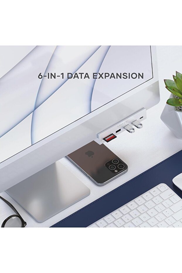 موزع USB C من Satechi - محول USB لجهاز iMac - منفذ بيانات USB-C، بيانات USB-A 3.0، قارئ بطاقات Micro/SD - USB - 7
