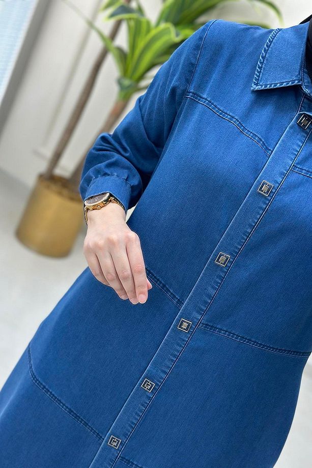 Kot Önü Çıtçıtlı Kadın Giyçık Tunik Mavi BRL 7028 - 6