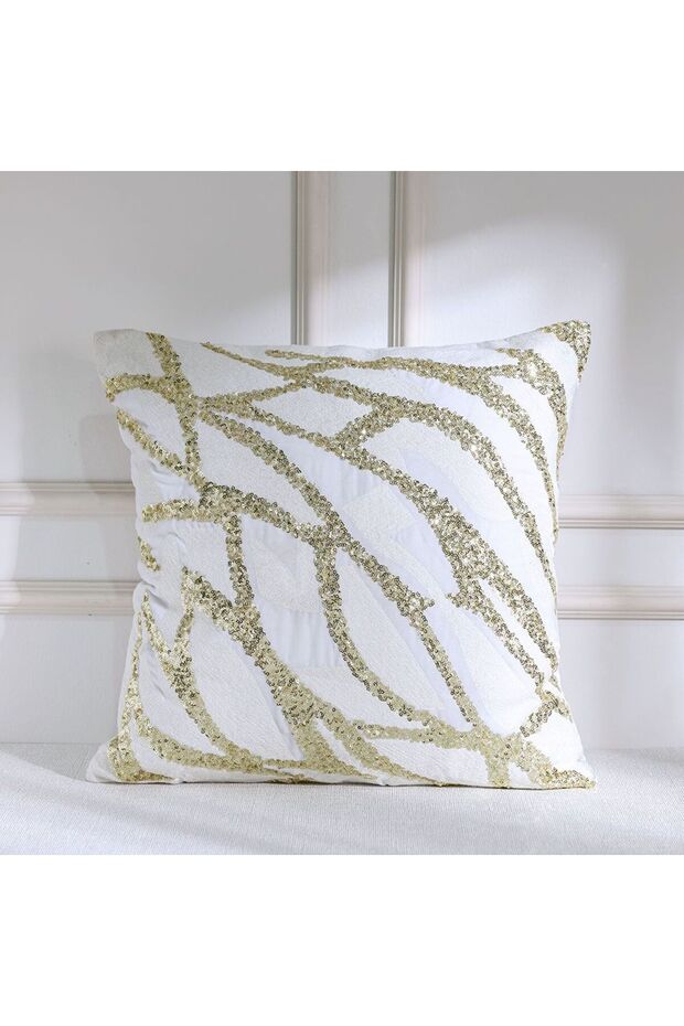 Gleam Embroidered Cushion Cover-White/Gold-45x45 cm | Polyester