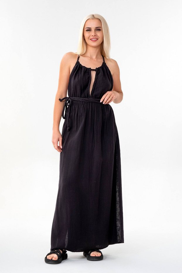Muslin Summer Dress Knitted Detail 100% Cotton Natural Fabric Black