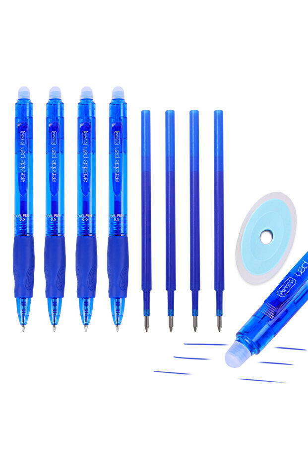 ZXB-040201-Set2 4pcs Black Blue Press Erasable Gel Pens 0.5mm +4pcs Refill +1 Pen for Drawing Writi