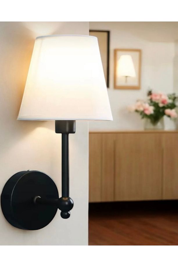 Modern Kablosuz Duvar Aplik Lampe Pilli Aplik Mat Siyah Pil İle Çalışır Krem Abajur - 3