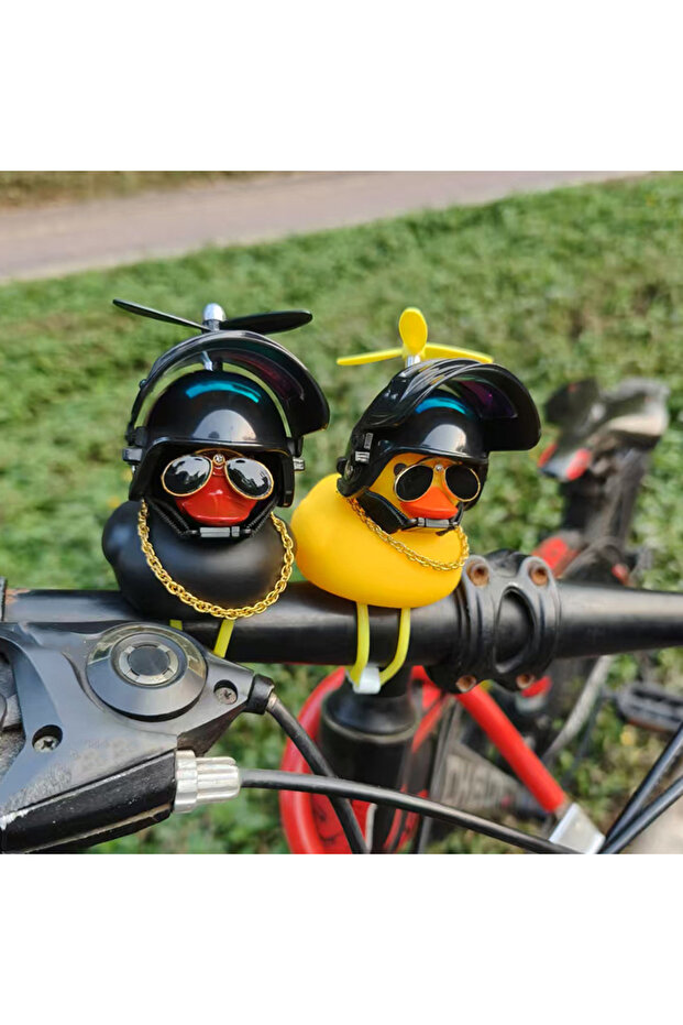 2 PCS Duck Cute Duck Bicycle Handlebar Bike Decoration with Propellers Glasses Gold Chain Black Yel