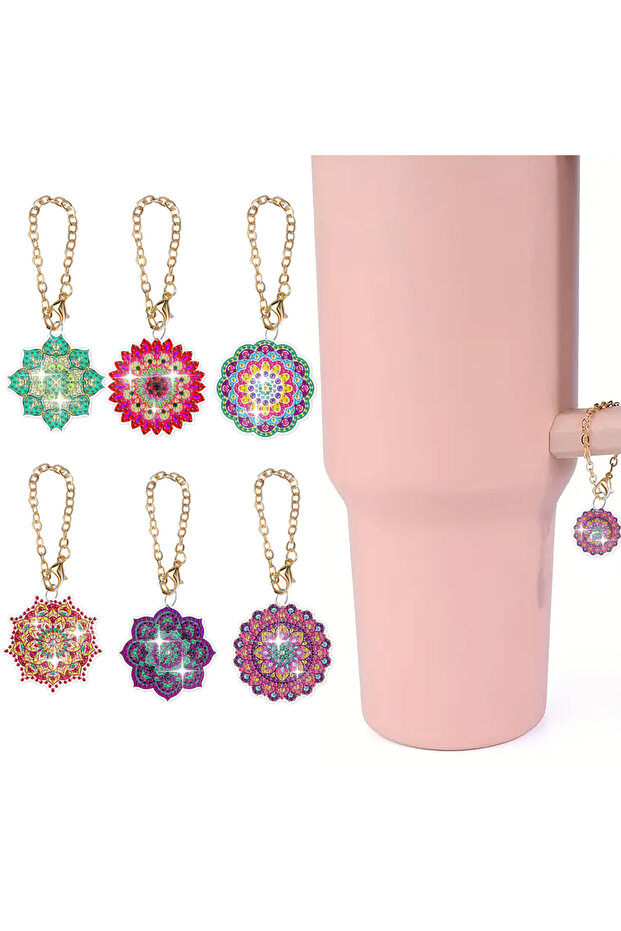ZBS009 6pcs/set Mandalas Diamond Painting Keychains Accessories for Cup Acrylic Diamond Art Pendants