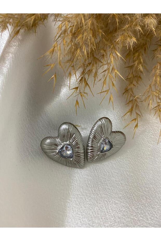 Stone Detailed Heart Steel Earrings