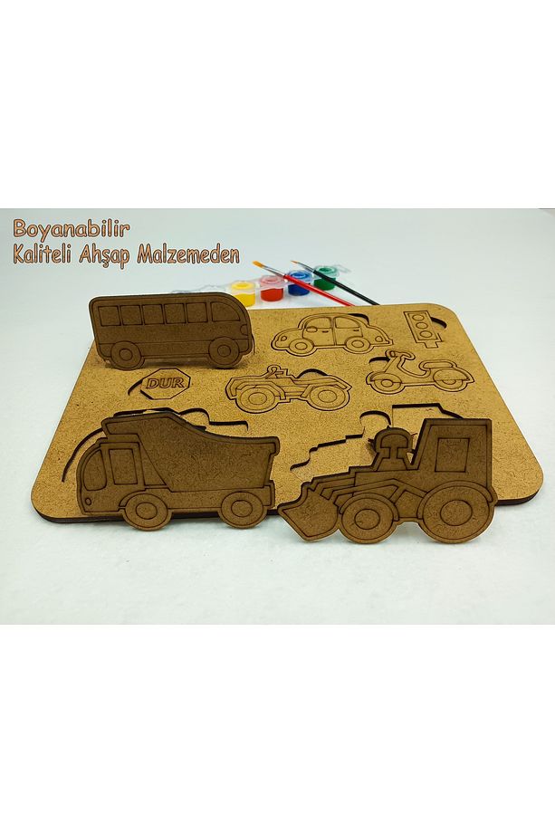 Arabalar Boyamalı Ahşap Puzzle (Yap Boz) + boya seti ve fırçalar - 2