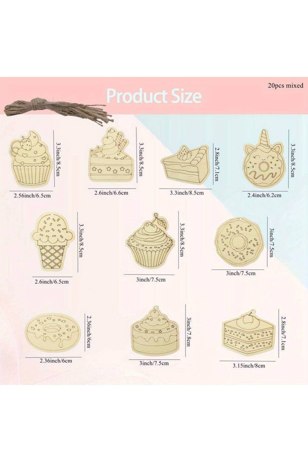 20pcs mixed 20Pcs Wooden Cupcake Ornaments Cartoon Donut Unpainted Crafts For Summer Sweet Birthday