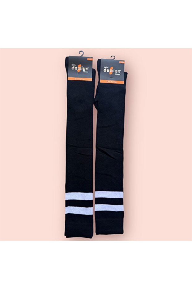 Women's Black Striped Cotton Over-The-Knee Socks 2-Piece