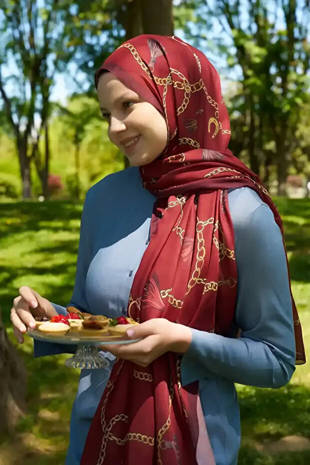 Şal Ebrar Taş Hyper Chain Pattern - Roşu - 4