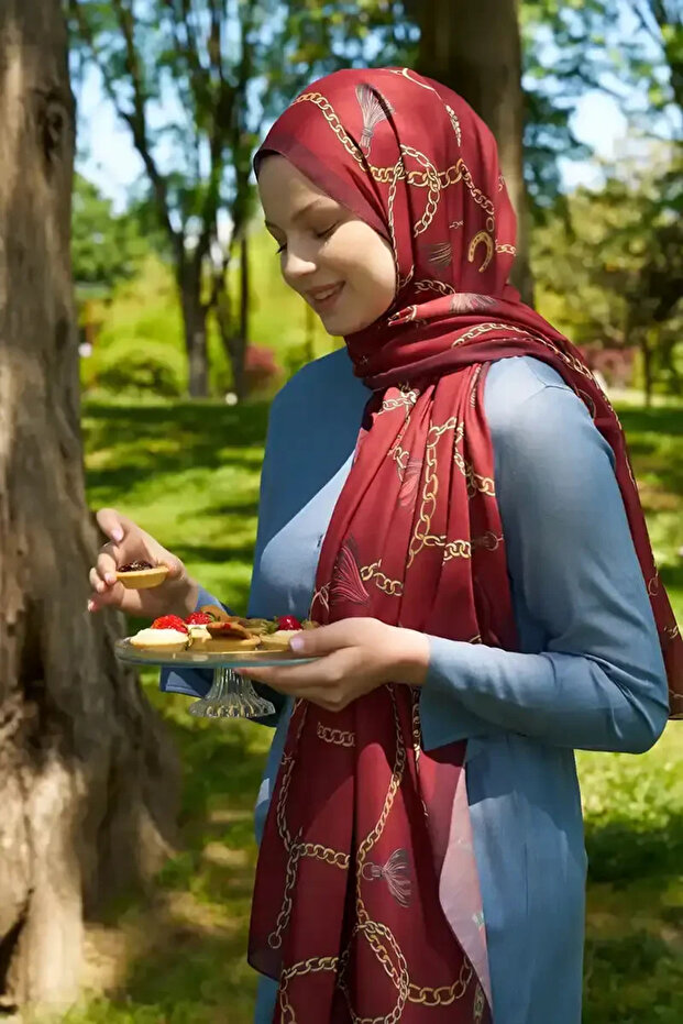 Şal Ebrar Taş Hyper Chain Pattern - Roşu - 3