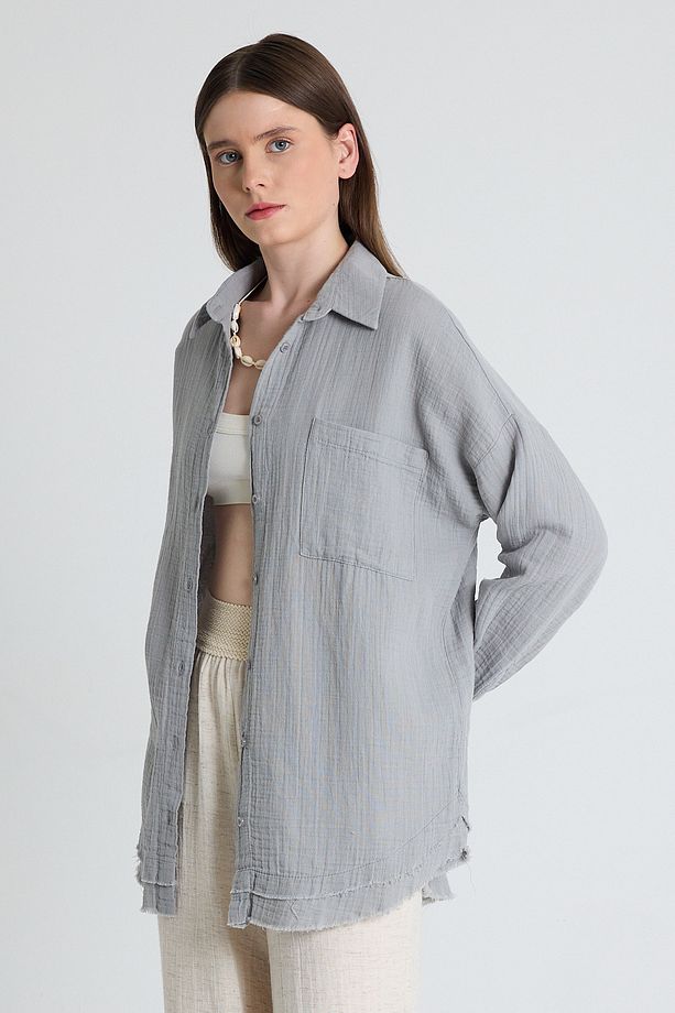 Gri Oversize %100 Pamuk Müslin Gömlek 4786A - 1