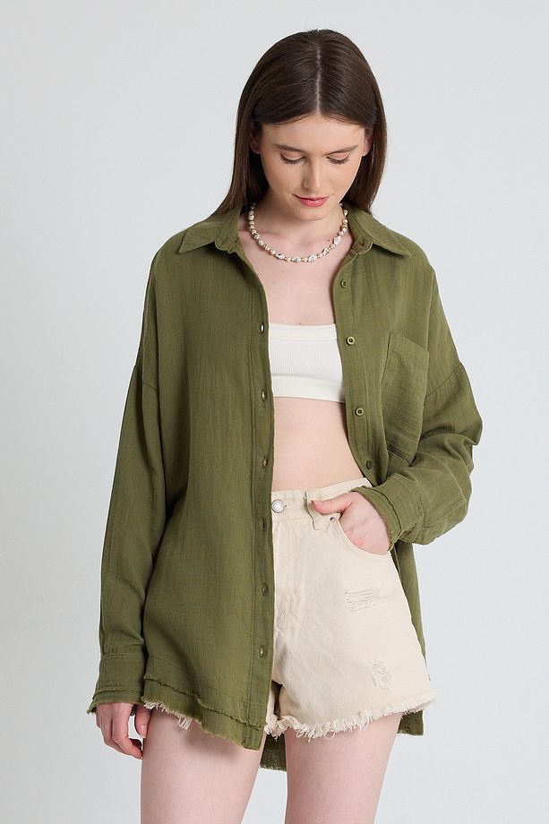 Haki Oversize %100 Pamuk Müslin Gömlek 4786A - 1