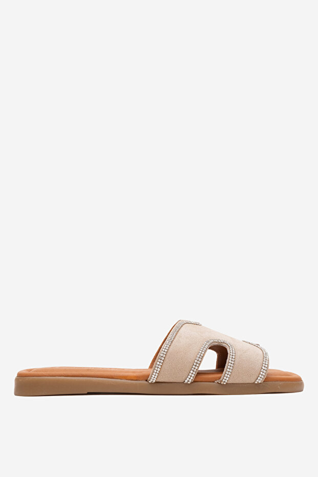 Dericlub Women's Stone Banded Slippers Real Suede Leather Zy 8126 Beige