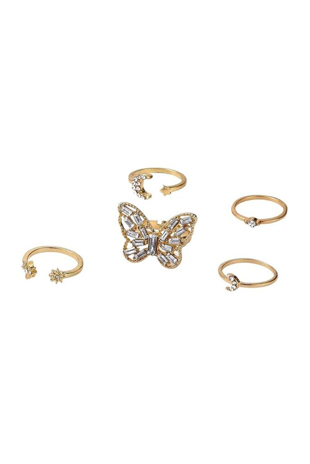 Gold Colour Plated Butterfly & Moon Crystal Ring Set 5 Pcs