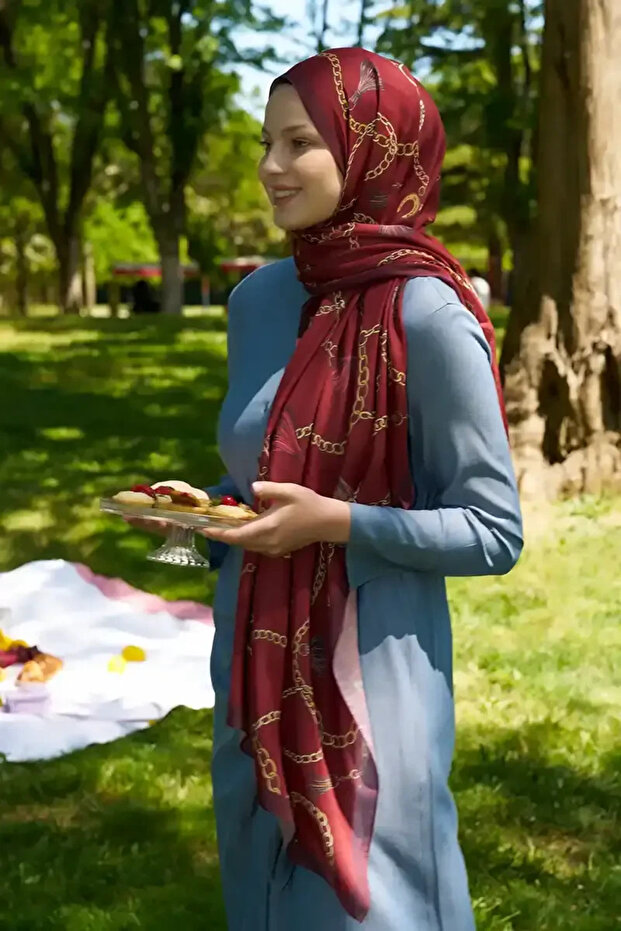 Şal Ebrar Taş Hyper Chain Pattern - Roşu - 2