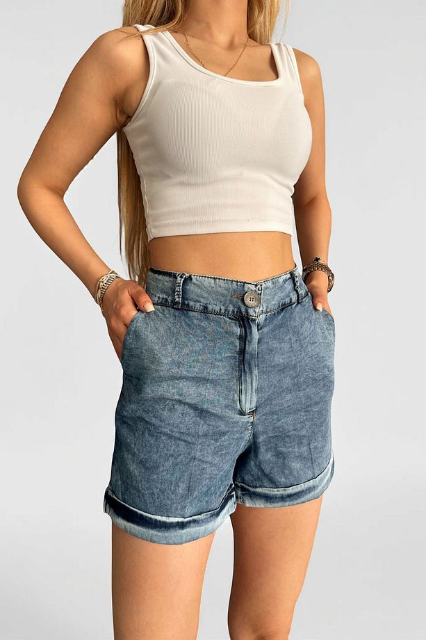 Kadın Yüksek Bel Yazlık Kısa Denim Şort Cepli Rahat Kalıp Kot Şort - 3