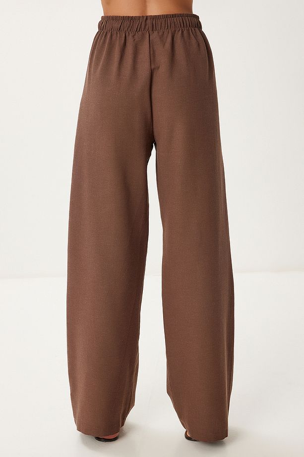 Cepli Geniş Paça Keten Pantolon KAHVERENGİ LBV0062 - 5
