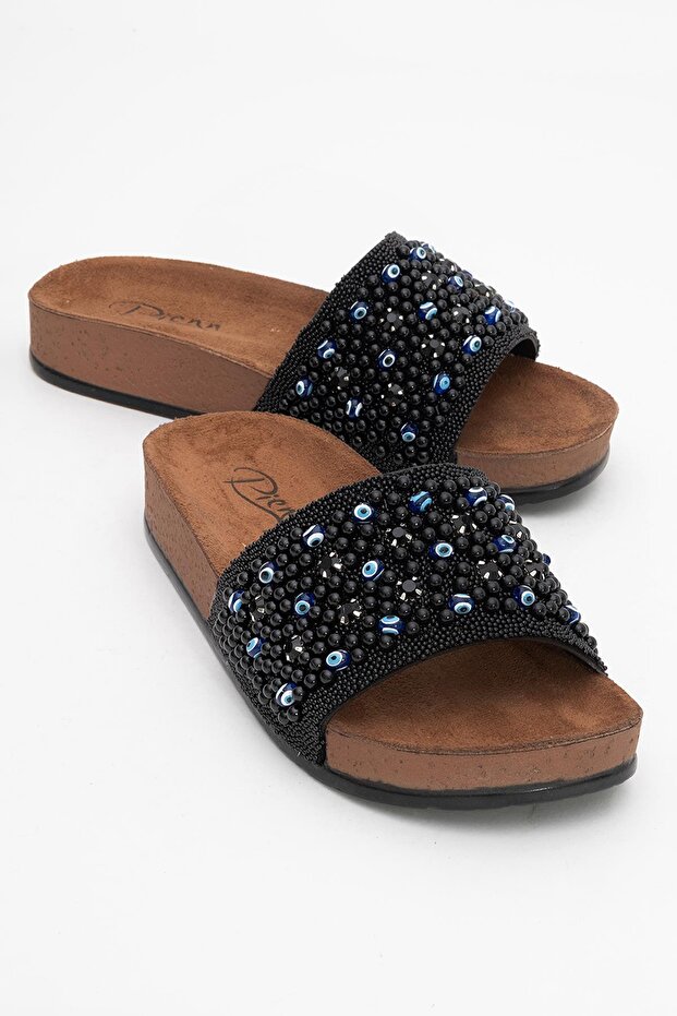 Women's Beaded Flat Slippers Black