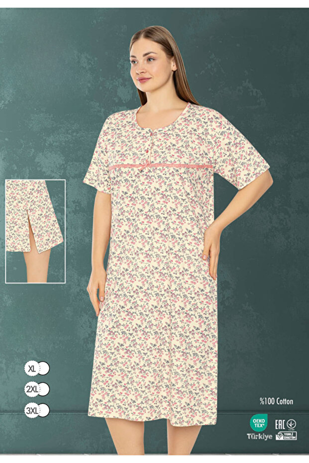Women's Plus Size Patterned 100% Cotton Short Sleeve Nightgown / Cream - Pink - - B 521