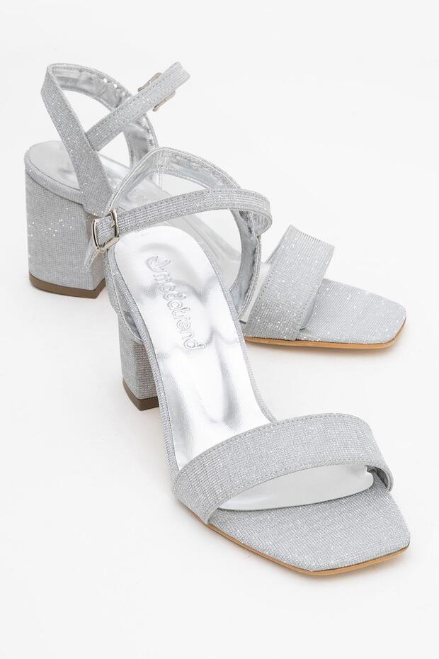 Single Strap Women's Heeled Sandals Silver Glitter