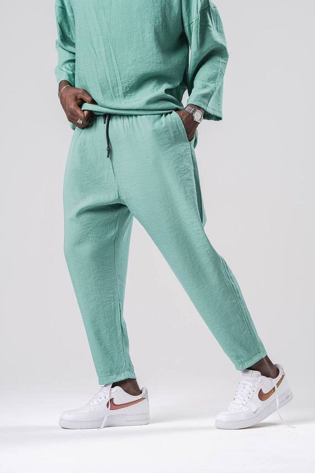 Erkek Basic Bel Lastikli Bol Yeşil Şalvar Pantolon - 2